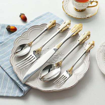 Luxury Gold Cutlery Set Vintage Dinnerware Set 18/10 Stainless Steel Silver Flatware Knife Fork and Spoon