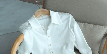 White Striped Shirt For Women's Single Breasted Loose Fitting Shirt