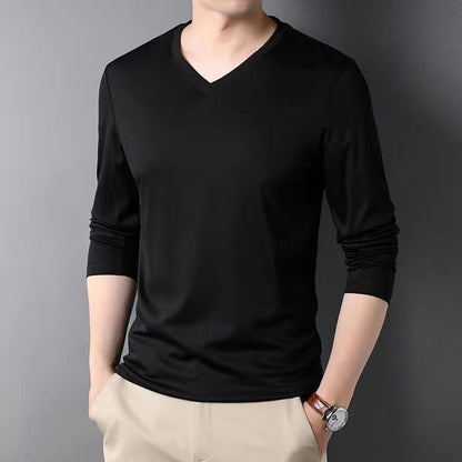 Men Thin Solid Cotton T-shirt Long Sleeve V-Neck Thin