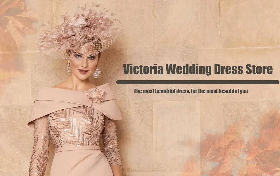 Elegant Pink Mother of the Bride Dresses O Neck 3/4 Sleeves Customized Wedding Party Gowns Beadings A-Line