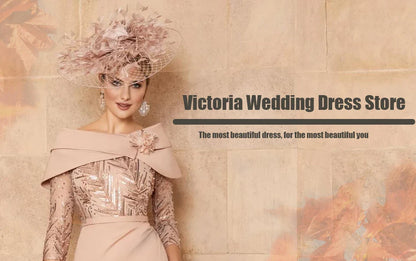 Elegant Pink Mother of the Bride Dresses O Neck 3/4 Sleeves Customized Wedding Party Gowns Beadings A-Line