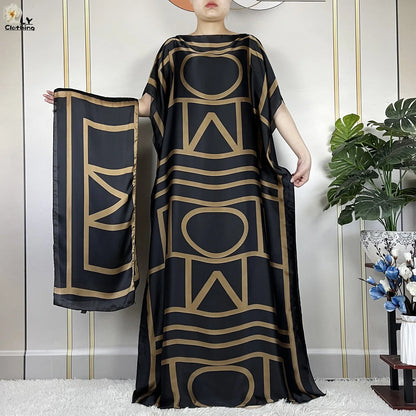 Women Printed Silk Soft Loose Maxi Party Dresses With Belt Turban