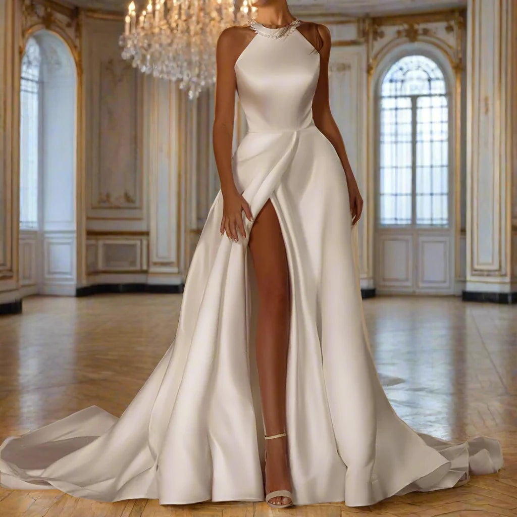 Customized Temperament Elegant Pearls Sleeveless Wedding Dress High Slit Back Bow A-Line Simple Bridal Gown