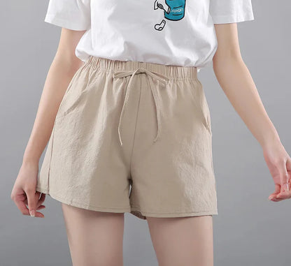 Women Summer Shorts Korean Wide Leg Casual Solid Drawstring Elastic Waist Cotton