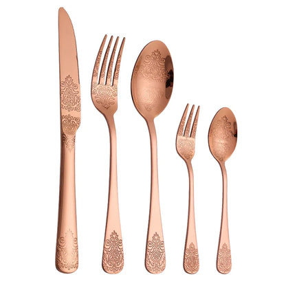 5Pcs Cutlery Set Stainless Steel Tableware Carving Golden Dinnerware