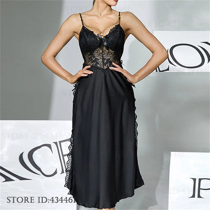 Women Sexy Lingerie Long Nightgown Ice Silk Chemise Sleepwear