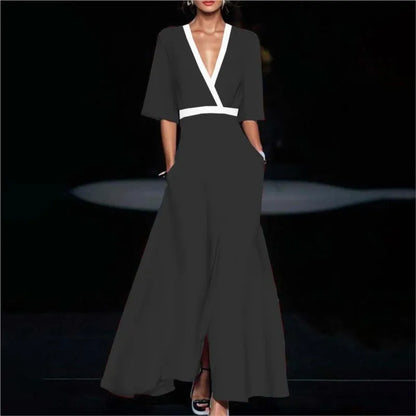 Elegant Women V Neck Belted Party Long Dress Sexy Printing A-Line
