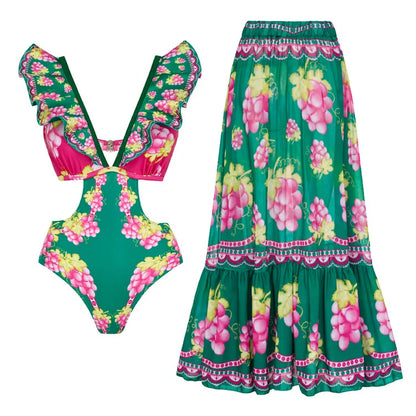 Swimwear 2PC Cover-up Swimsuit Ruffle Printed Deep V One-piece Kimono Bikini Suit