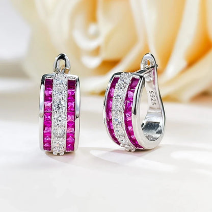 Sapphire Ruby High Carbon Diamond Gems Hoop Earrings for Women 100% 925 Sterling Silver Fine Jewelry