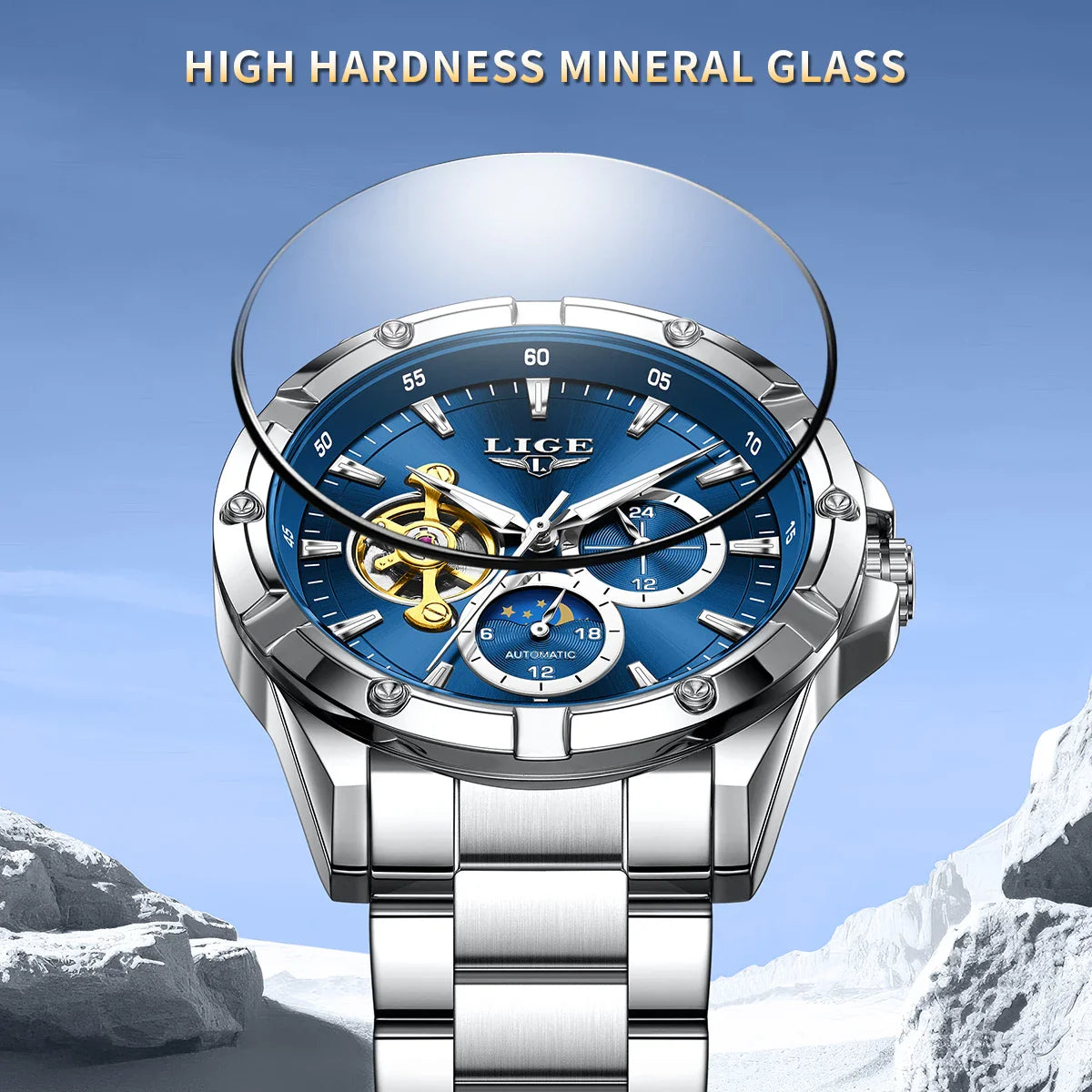 Luxury 24-Hours Moon Phase Automatic Movement Stainless Steel Band Men's Watches