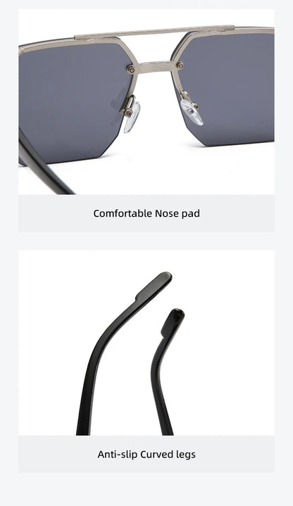 Trendy Aviator Sunglasses for Mens Womens Retro Double Bridge Metal Driving UV400 Outdoor Eyewear Semi-Rimless Lentes De Sol