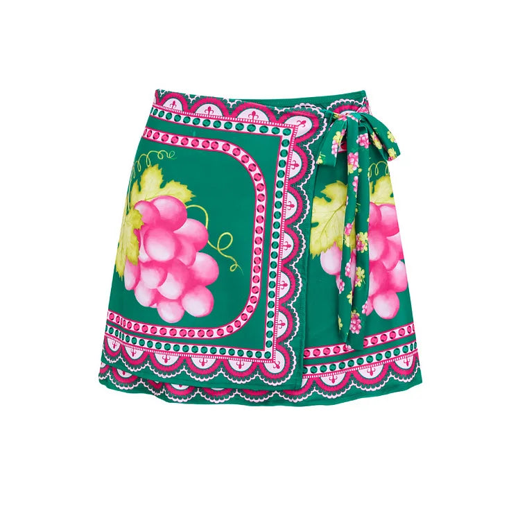 Swimwear 2PC Cover-up Swimsuit Ruffle Printed Deep V One-piece Kimono Bikini Suit