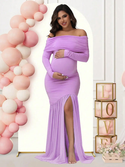Elegant Maternity Gown Photoshoot Party Dress Off-Shoulder Slits Fishtail Hem