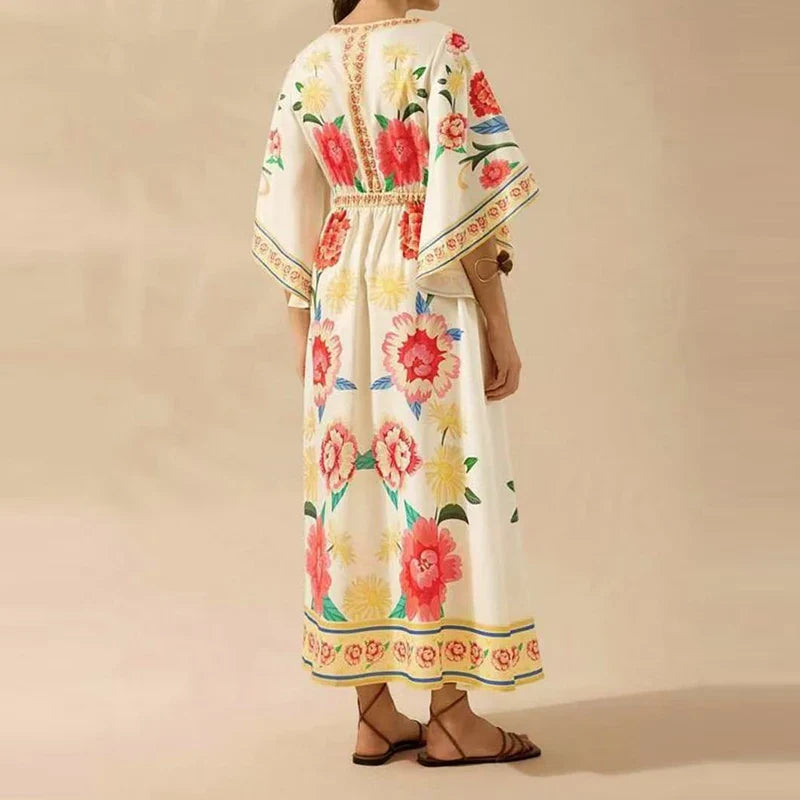Summer Tropical Plant V-Neck Bohe Elegant Half Sleeve Loose Party Dress A-line
