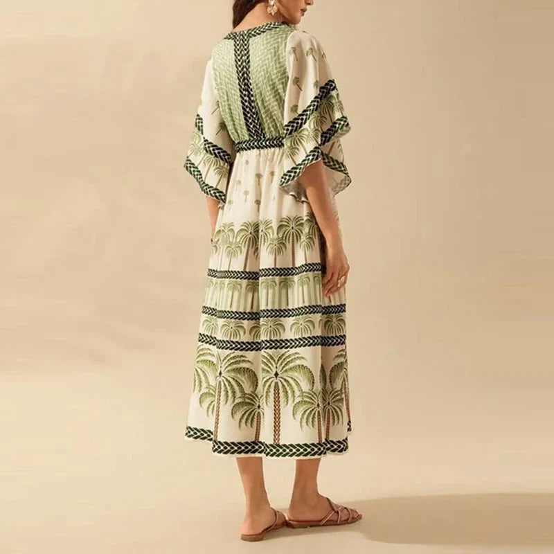 Summer Tropical Plant V-Neck Bohe Elegant Half Sleeve Loose Party Dress A-line