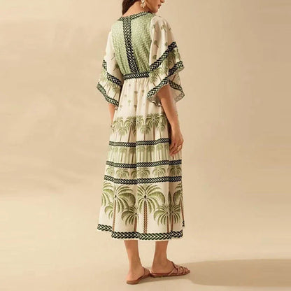 Summer Tropical Plant V-Neck Bohe Elegant Half Sleeve Loose Party Dress A-line