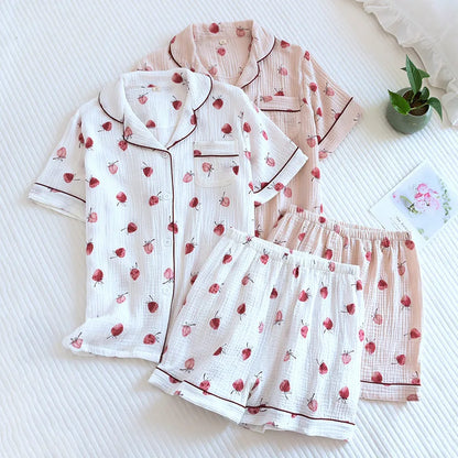Summer pajamas short-sleeved shorts two-piece cotton crepe