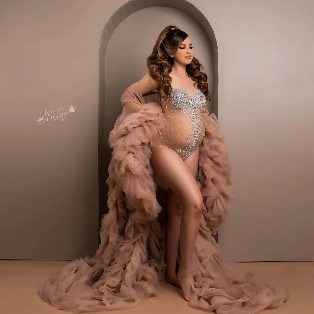 Luxurious Maternity Photography Sexy V Neck Rhinestones Pearls Stretch Jumpsuits Dress