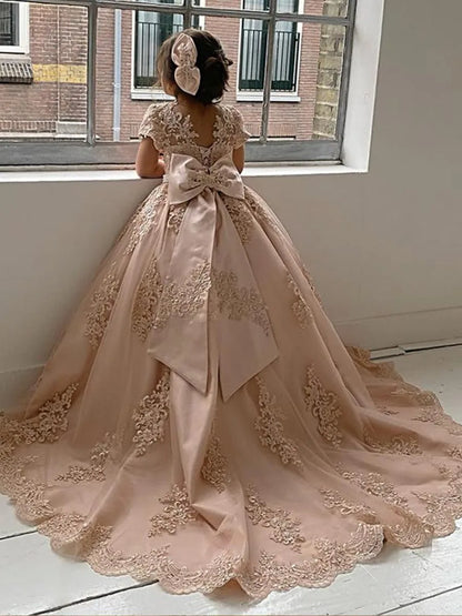 Flower Girl Princess Dresses for Wedding Pageant With Bow-knot Beaded Appliques Long Train Party Gowns