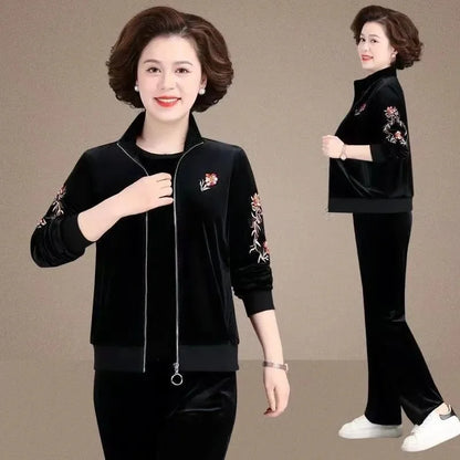 Women Spring Autumn Golden Velvet Set Casual Suit Embroidery Coat Straight Trousers 3-piece Sets
