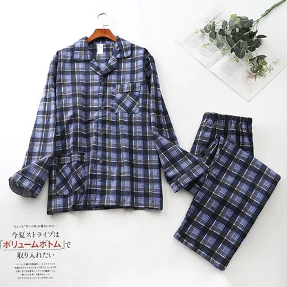 Spring Autumn Winter Long-sleeved Men's Trousers Pajama Set Suits Brushed Cloth Cotton Plaid