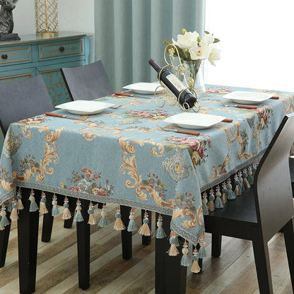 Luxury Jacquard Tablecloth with Tassel Pendant Chenille Fabric Rectangular Table Cover European Living Room Coffee Table Cloth