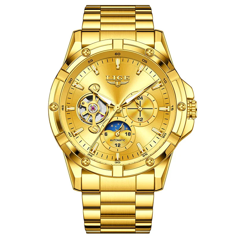 Luxury 24-Hours Moon Phase Automatic Movement Stainless Steel Band Men's Watches