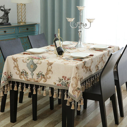 Luxury Jacquard Tablecloth with Tassel Pendant Chenille Fabric Rectangular Table Cover European Living Room Coffee Table Cloth