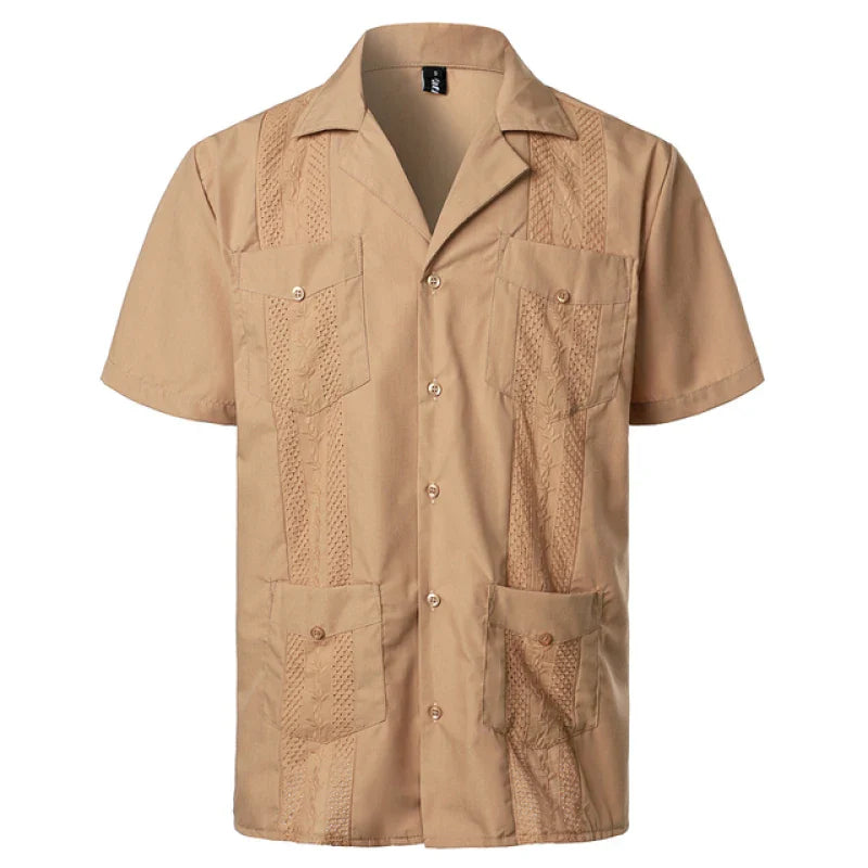 Men's Traditional Cuban Collar Guayabera Shirts Short Sleeve Embroidered w 4 Pockets