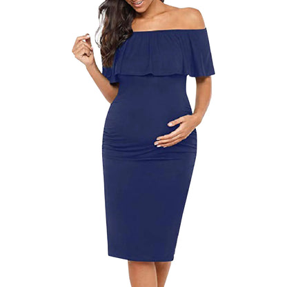 Maternity Dress Short Sleeve Slash Ruffles