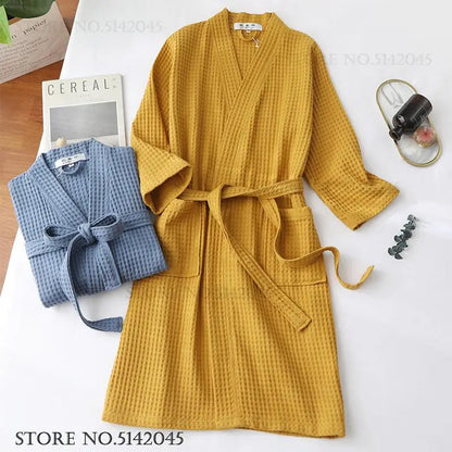 Adult Cotton Waffle Kimono Bathrobe Gown with Pocket Loungewear Sleepwear