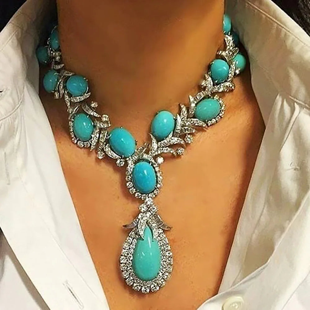 Turquoise Nigerian Dubai Jewelry Sets For Women CZ Zircon
