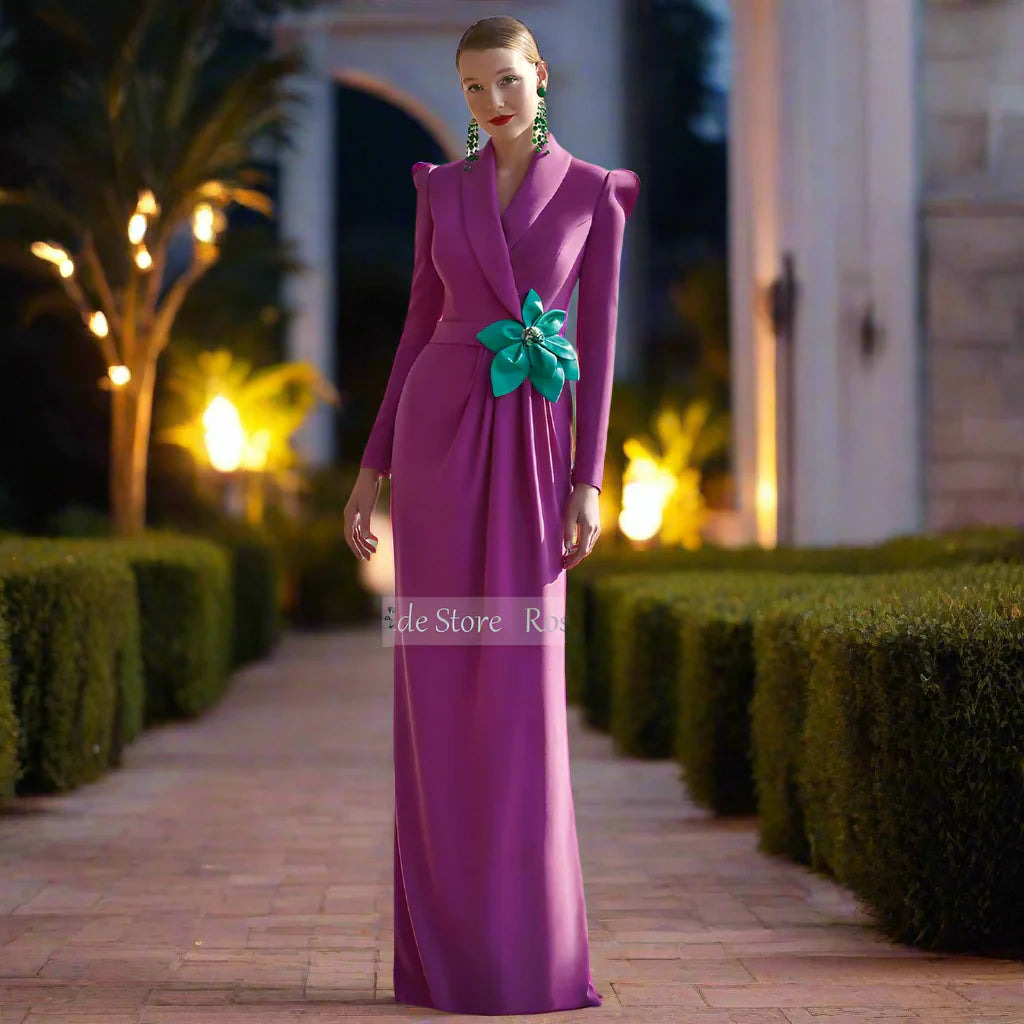 Formal Evening Dress Long Sleeves V Neck Belt Mermaid Evening Gowns