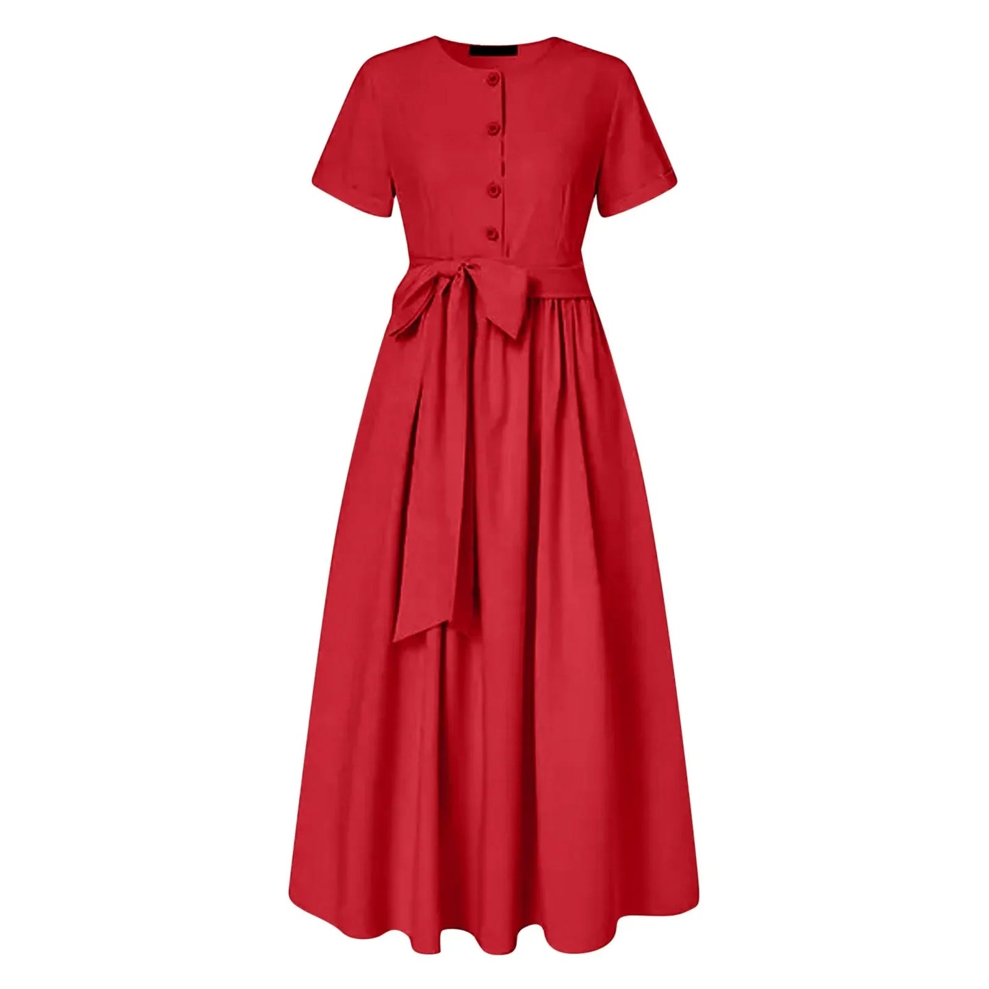 Women Elegant Formal Party Evening Dress Short Sleeve Sashes Mid-Calf Dress