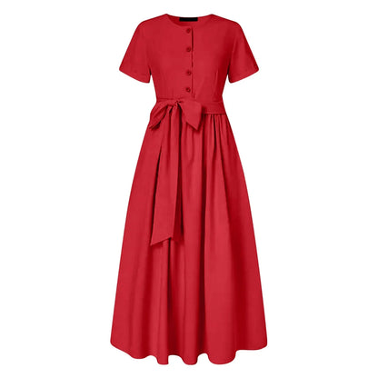 Women Elegant Formal Party Evening Dress Short Sleeve Sashes Mid-Calf Dress
