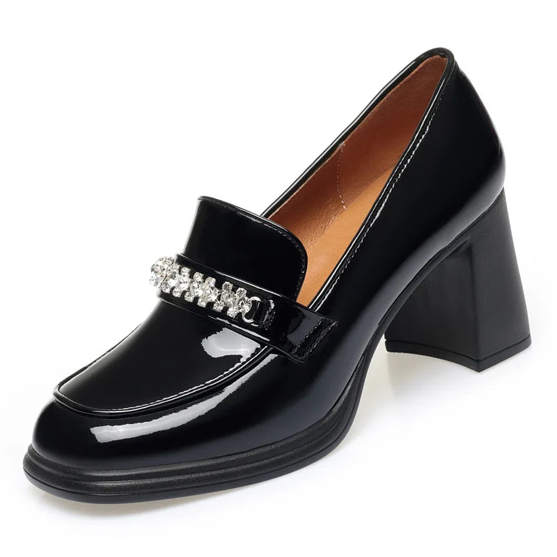 Leather High Thick Heel Pointed Toe Woman Pump Shoes