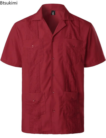 Men's Cuban Shirts Multiple Pockets Lapel Short Sleeves Cardigan