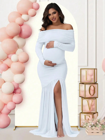 Elegant Maternity Gown Photoshoot Party Dress Off-Shoulder Slits Fishtail Hem