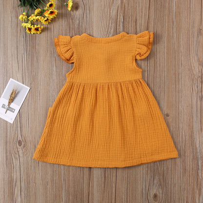 0-6Years Toddler Kid Baby Girl Summer Dress Ruffles Sleeves Cotton Button Pocket Dress Sundress