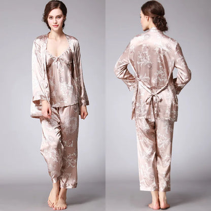 Women's Silk Satin Pajamas Set 3 Pcs Floral Silky Sets Sleepwear
