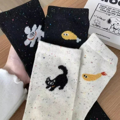 1/2pairs Cartoon Cat Fish Pattern Middle Tube Socks Soft Thermal Warm Crew Sock