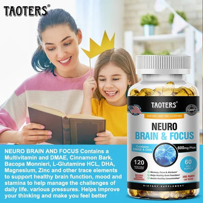 Memory, Focus, Clarity, Energy Brain Supplement - Nootropic Brain Booster DMAE Vitamins A, C, D, E, B1, B2, B3, B5, B6 Capsules