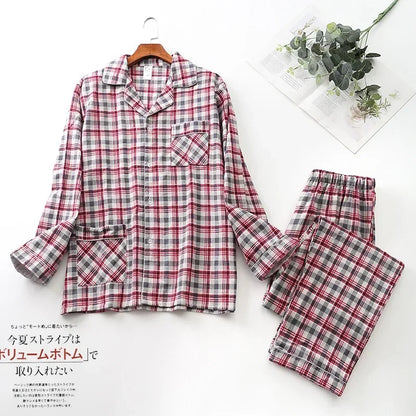 Spring Autumn Winter Long-sleeved Men's Trousers Pajama Set Suits Brushed Cloth Cotton Plaid