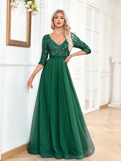Luxury Floor Length V-Neck Evening Dress Party Maxi Dress Sequin Short Sleeves Prom Cocktail Gown