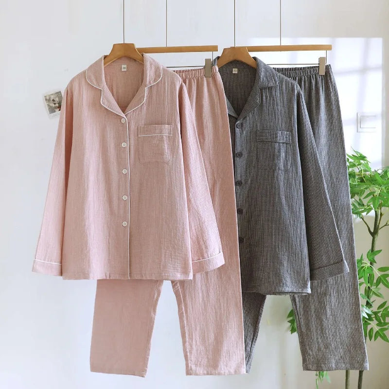 Men/Women Spring and Autumn Pajama Set 100% Cotton Gauze Jacquard Long Sleeve Checkered Two Piece Set