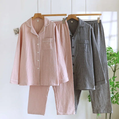 Men/Women Spring and Autumn Pajama Set 100% Cotton Gauze Jacquard Long Sleeve Checkered Two Piece Set