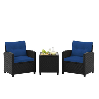 3 Pieces Patio Furniture Set, PE Rattan Wicker 3 Pcs Outdoor Sofa Set w/Washable Cushion and Tempered Glass, Customized