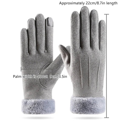 Women Winter Warm Suede Gloves Plus Velvet Thickened Cuff Outdoor Coldproof Touchscreen Riding Ski Gloves