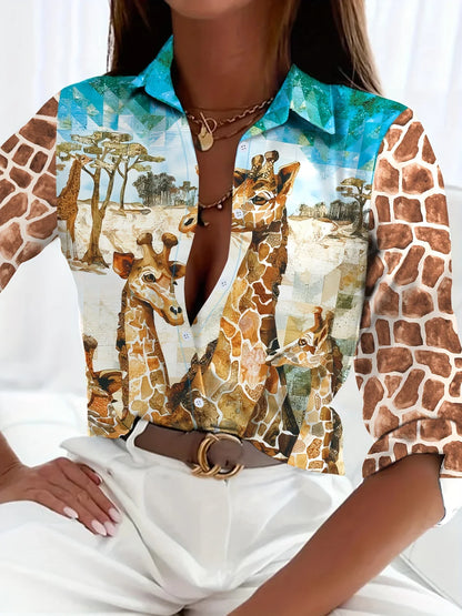 Elegant Printed Pattern Button Long Sleeve Women's Shirts