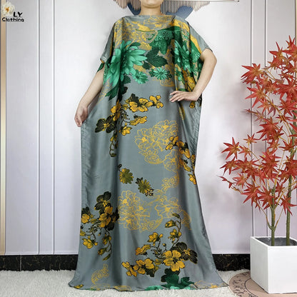 Women Printed Silk Soft Loose Maxi Party Dresses With Belt Turban